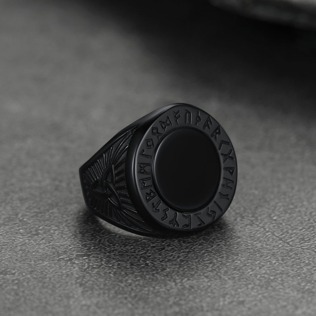 Black Onyx Signet Ring With Viking Runes for