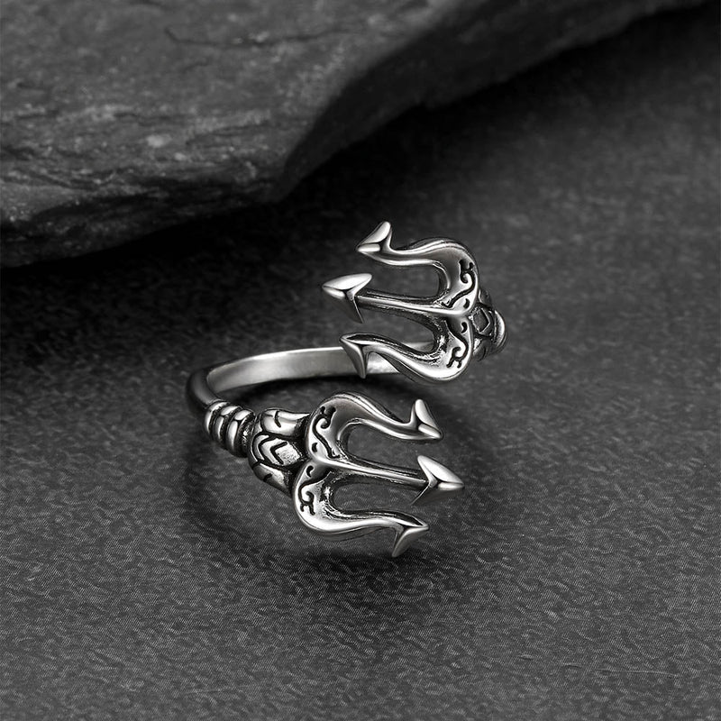 Greek Poseidon Trident Ring Adjustable Open Ring for