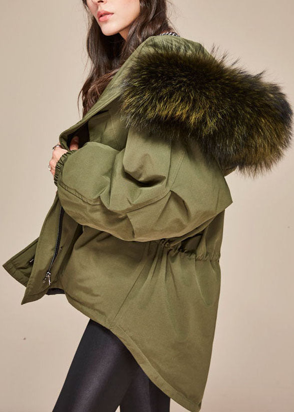 Army Green Hooded Fur Collar Drawstring Winter Cotton Blend Coat