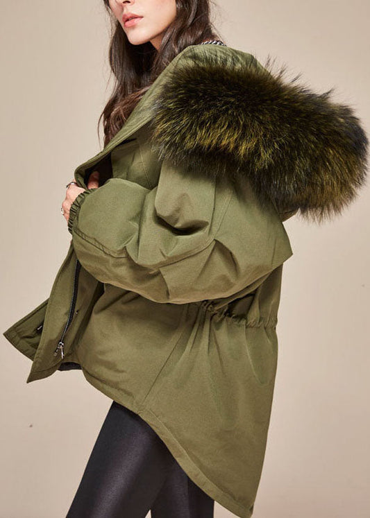 Army Green Hooded Fur Collar Drawstring Winter Cotton Blend Coat