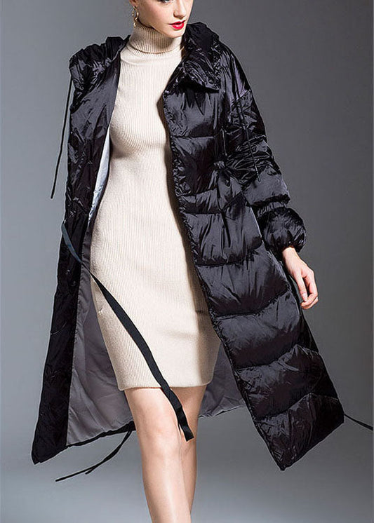 Black Hooded Drawstring Slim Fit Winter Duck Down Coat