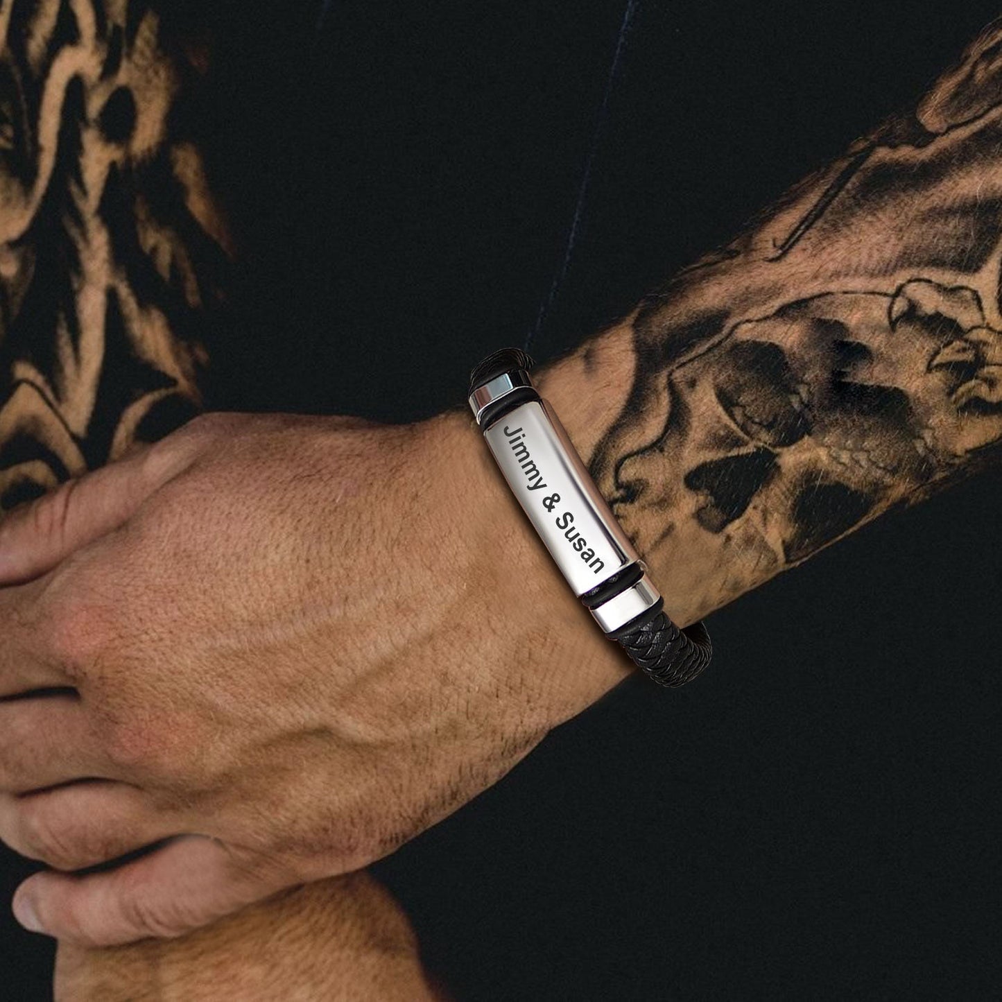 Custom Braided Black Engraved Leather Bracelet Cuff for