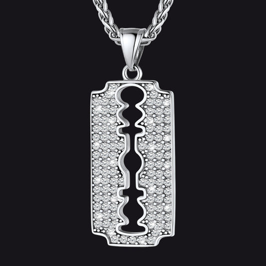 Engraved Razor Blade Pendant Necklace With Diamond for
