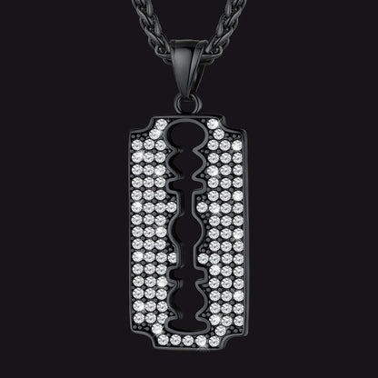 Engraved Razor Blade Pendant Necklace With Diamond for