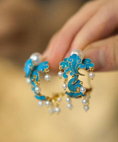 Unique Blue Sterling Silver Overgild Enamel Pearl Tassel Hoop Earrings Gh1074