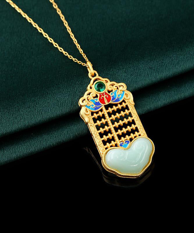 Unique Gold Copper Overgild Enamel Jade Pendant Necklace Kx1067