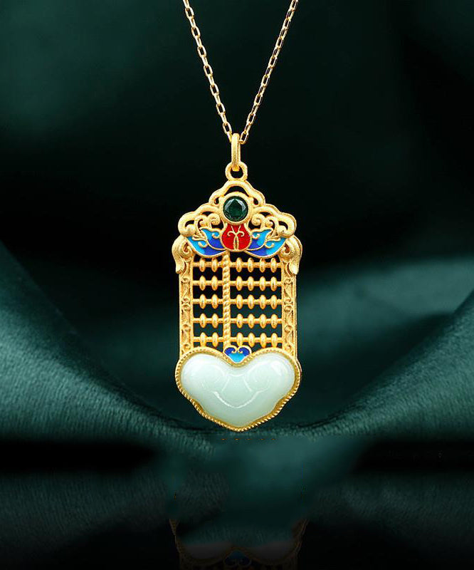 Unique Gold Copper Overgild Enamel Jade Pendant Necklace Kx1067