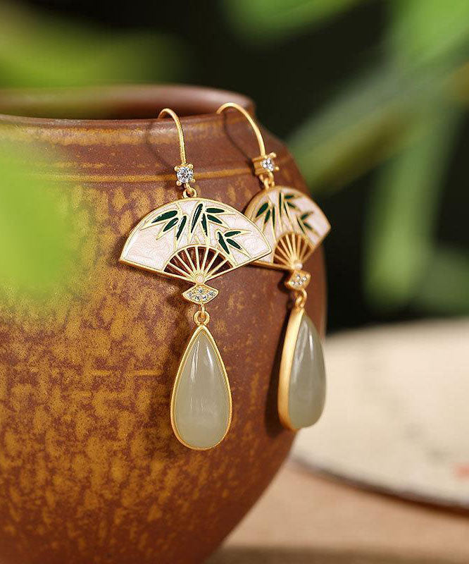 Unique Green Sterling Silver Overgild Pearl Zircon Fan Shaped Drop Earrings Tw1040