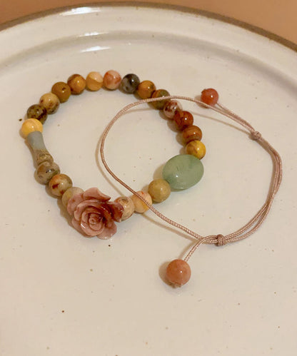 Unique Hand Knitting Rose Beading and Gem Stone Two Piece Set Bracelet