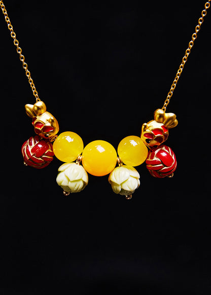 Unique Lotus Bead Fish Beeswax Pendant Necklace