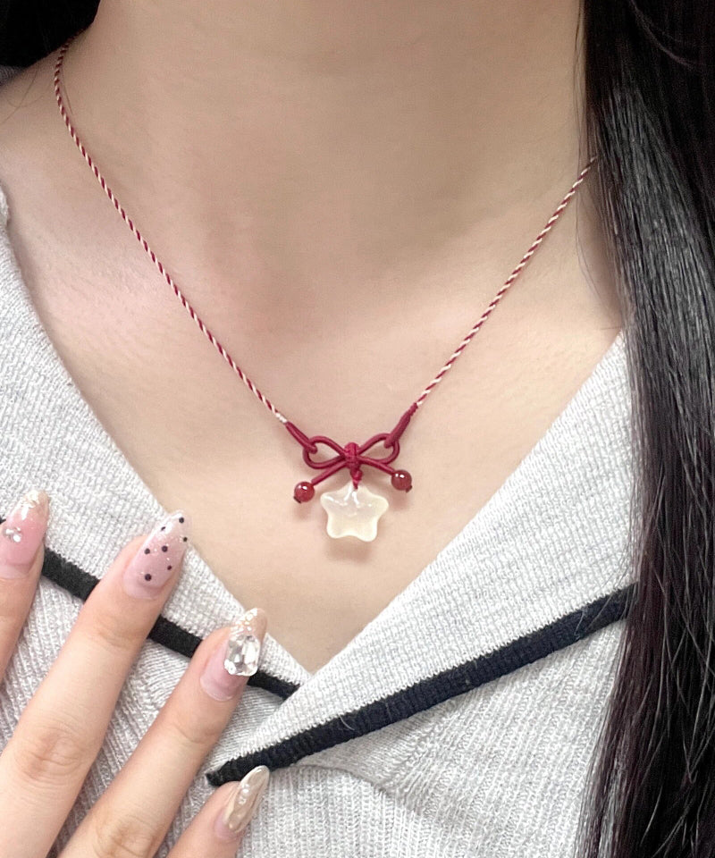Unique Red Hand Woven Jade Bow Pendant Necklace Qz021
