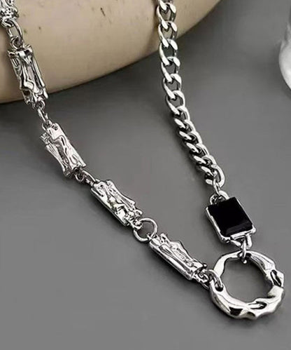 Unique Silk Sterling Silver Obsidian Asymmetrical Patchwork Lariat Necklace