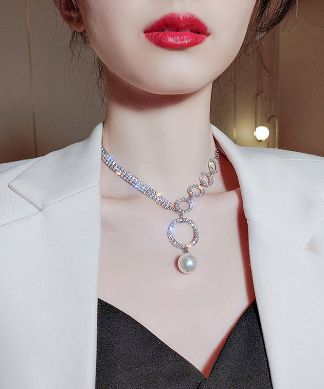 Unique White Alloy Zircon Pearl Tassel Pendant Necklace