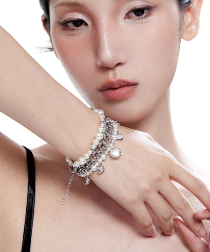 Unique White Pearl Love Heart Pendant Multi Layered Alloy Bracelet