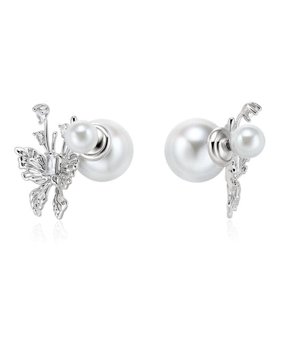 Unique White Sterling Silver Pearl Butterfly Stud Earrings