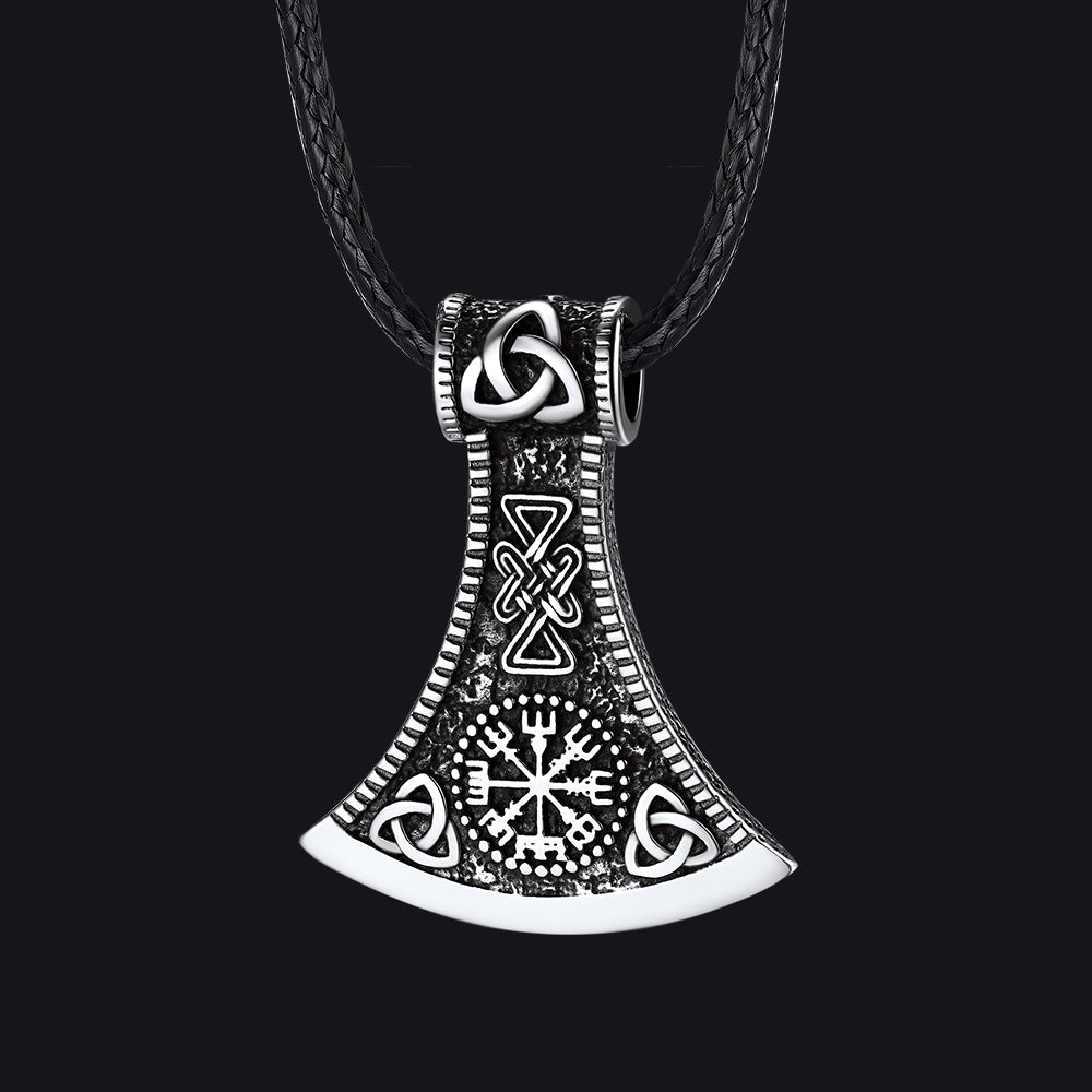 Viking Axe Compass Braided Leather Necklace for Dad