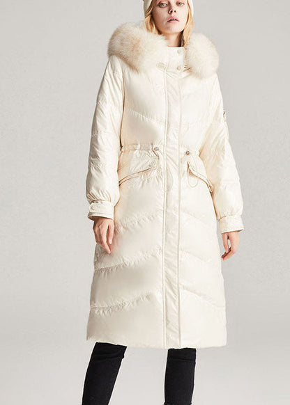 Beige White Fox Collar Drawstring Pockets Slim Fit Winter Duck Down Jackets