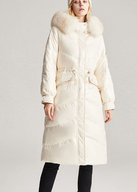Beige White Fox Collar Drawstring Pockets Slim Fit Winter Duck Down Jackets