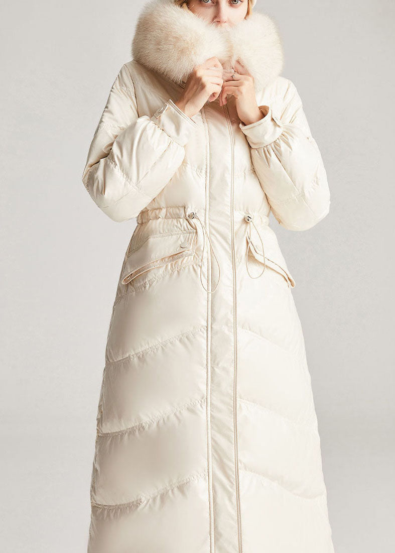 Beige White Fox Collar Drawstring Pockets Slim Fit Winter Duck Down Jackets