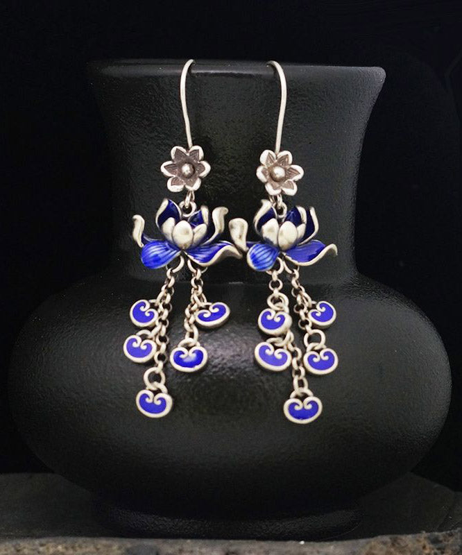 Blue Sterling Silver Cloisonne Lotus Tassel Drop Earrings