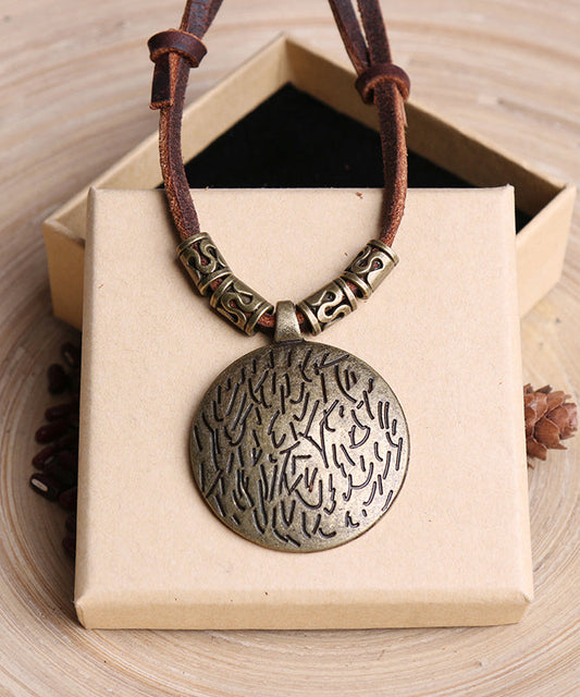 Brown Alloy Leather Rope Pendant Necklace