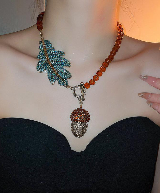Coffee Alloy Zircon Crystal Leaves Pendant Necklace Qz019
