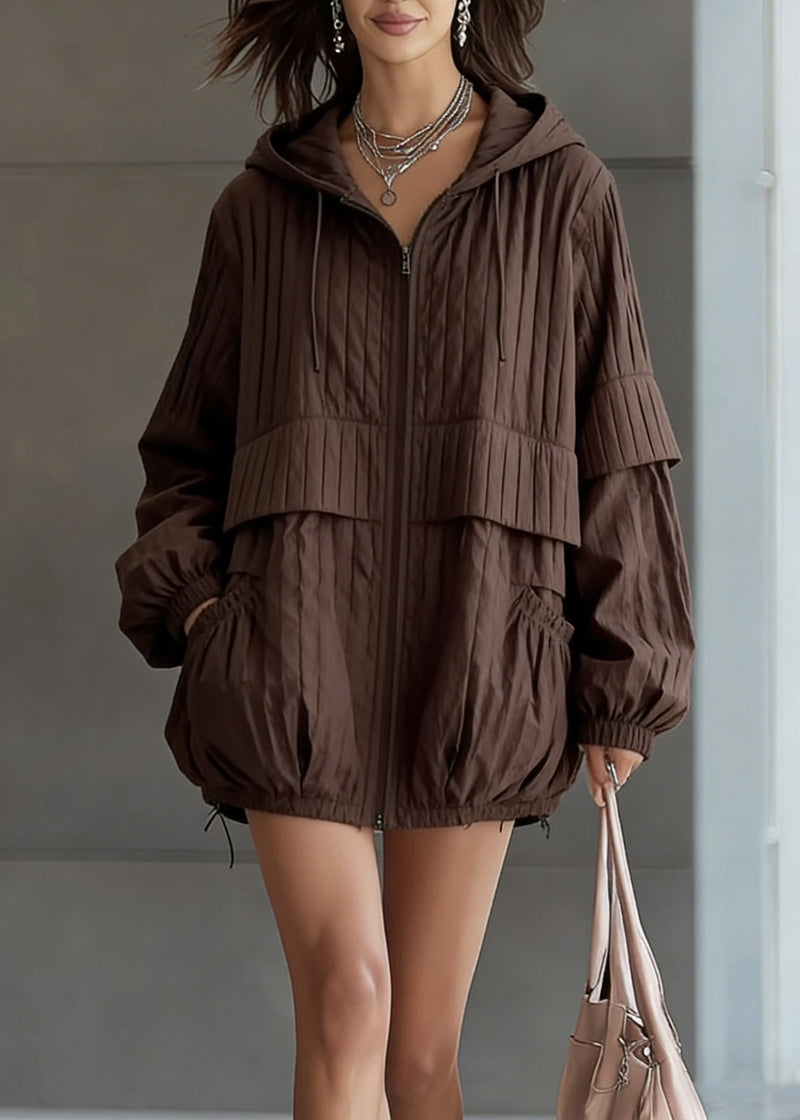 Coffee Hooded Pockets Drawstring Fine Cotton Filled Coat