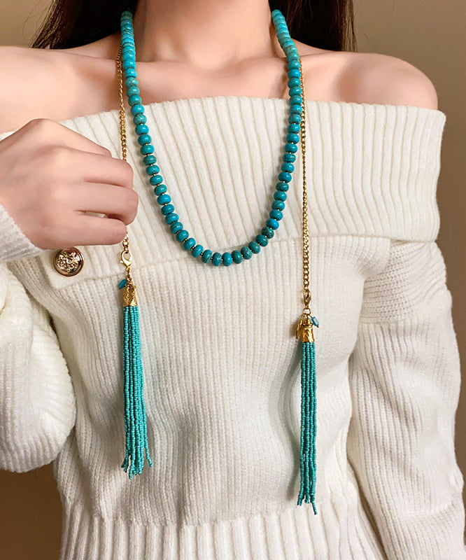 Gold Alloy Turquoise Beading Tassel Gratuated Bead Necklace Wo015