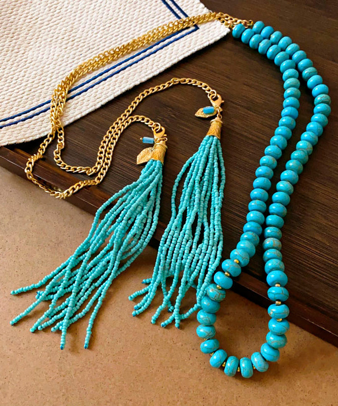 Gold Alloy Turquoise Beading Tassel Gratuated Bead Necklace Wo015
