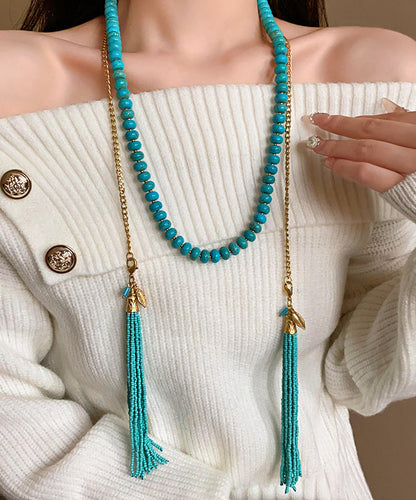 Gold Alloy Turquoise Beading Tassel Gratuated Bead Necklace Wo015