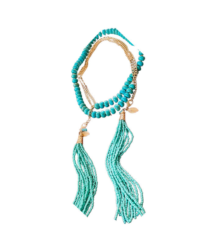 Gold Alloy Turquoise Beading Tassel Gratuated Bead Necklace Wo015