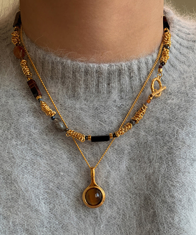 Gold Copper Overgild Tiger's-eye Beads Two-piece Set Pendant Necklace