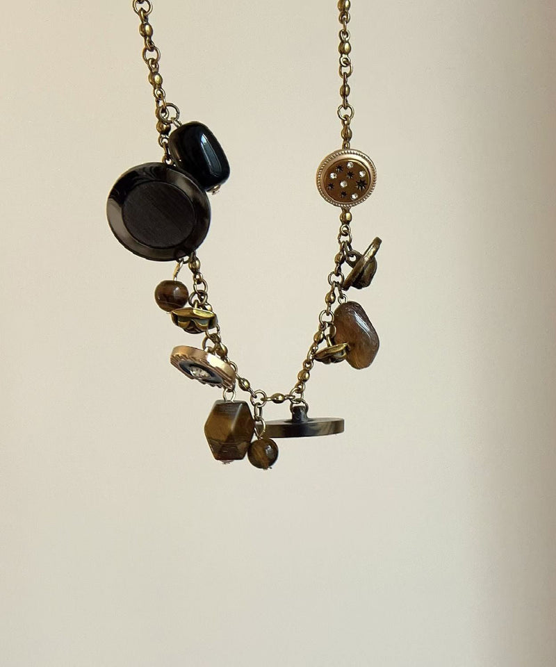 Gold Copper Tiger Eye Stone Tassel Necklace
