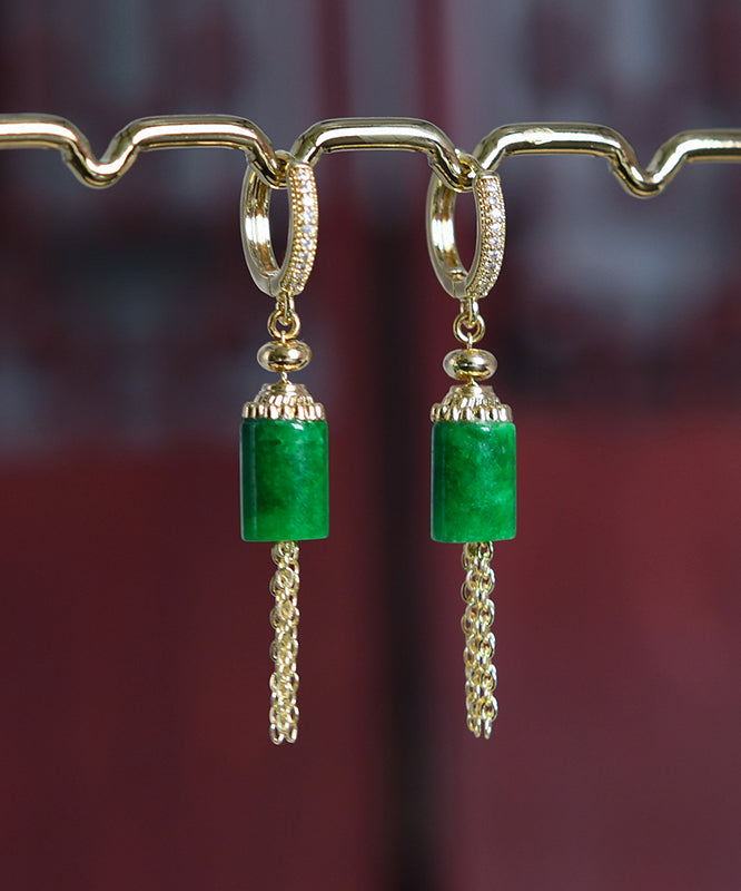 Gold Sterling Silver Overgild Inlaid Jade Tassel Drop Earrings Kx1011