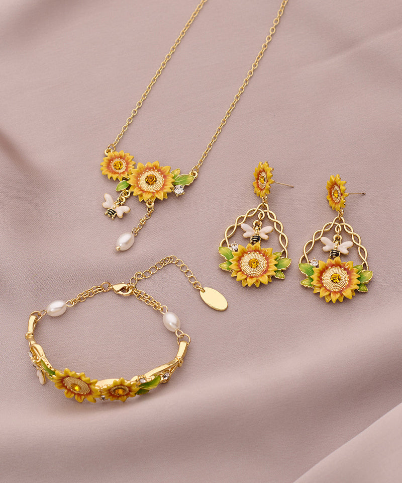 Gold Zircon Sunflower Pearl Tassel Lariat Necklace Bracelet and Drop Earrings Three Piece Set Et035