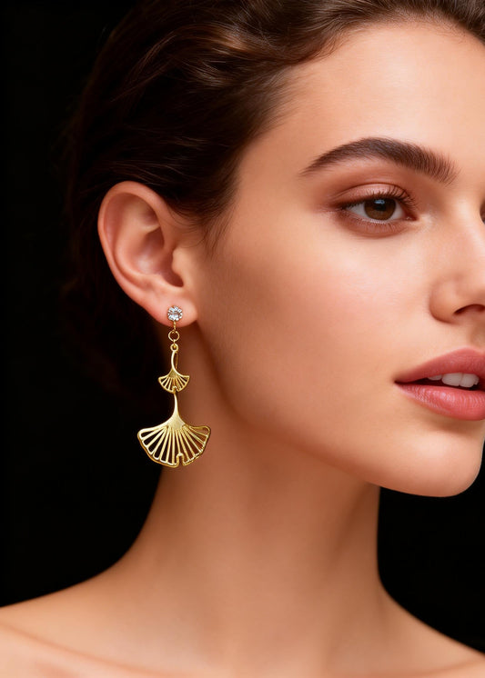 Golden Ginkgo Leaf Zircon Drop Earrings