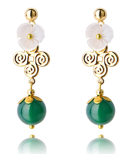 Green Agate White Shellfish Flower14k Gold Drop Earrings