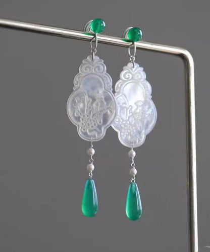 Green Copper Jade Flowers and Birds Water Droplet Drop Earrings