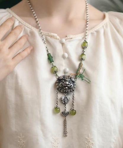 Green Sterling Silver Jade Tassel Lariat Necklace Qj051