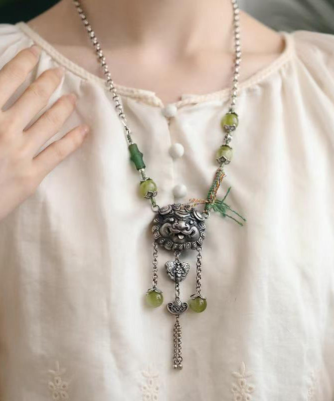 Green Sterling Silver Jade Tassel Lariat Necklace Qj051