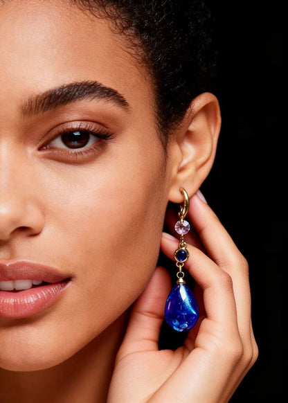 Peacock Blue Water Droplet Gem Stone Drop Earrings