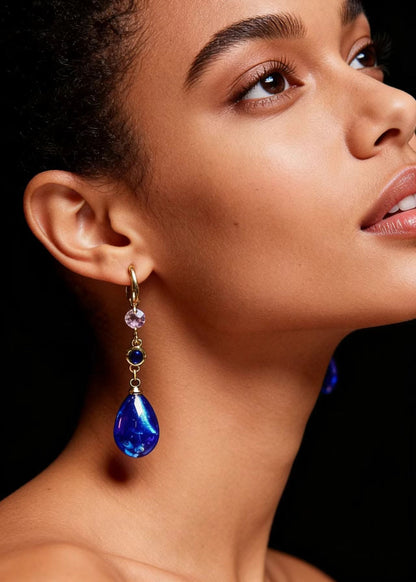 Peacock Blue Water Droplet Gem Stone Drop Earrings