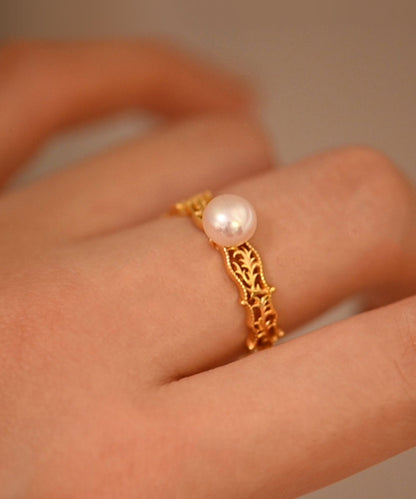 Pearl Hollow Out Adjustable Gold Plated Rings