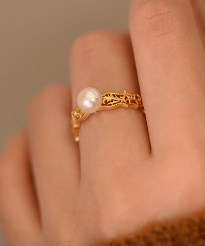 Pearl Hollow Out Adjustable Gold Plated Rings