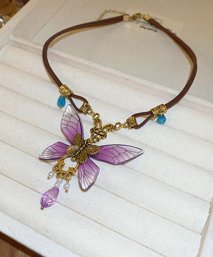 Purple Sterling Silver Alloy Crystal Butterfly Pendant Necklace Ra014