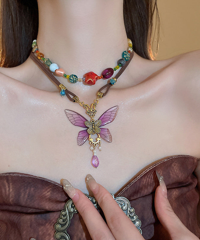 Purple Sterling Silver Alloy Crystal Butterfly Pendant Necklace Ra014