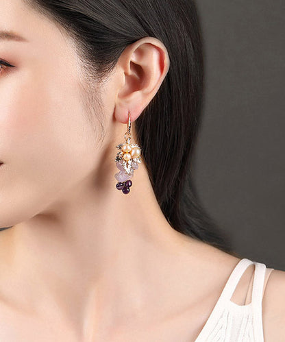 Purple Sterling Silver Crystal Pearl Grape Drop Earrings