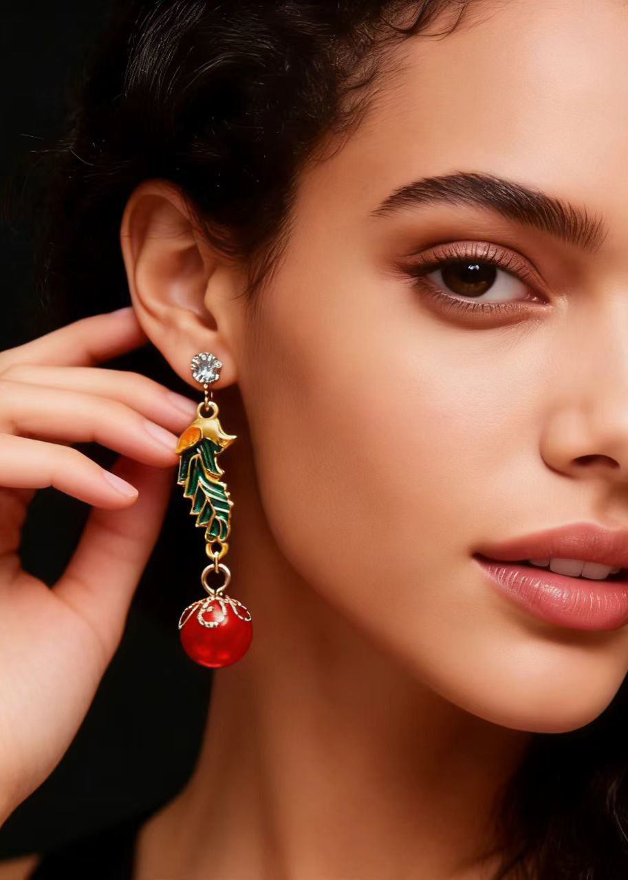 Red Pearl Cloisonne Gilding Drop Earrings