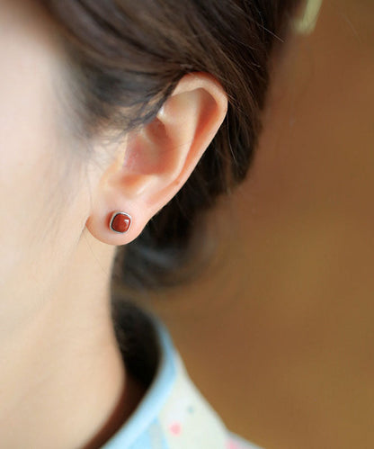 Red Sterling Silver Inlaid Agate Stud Earrings
