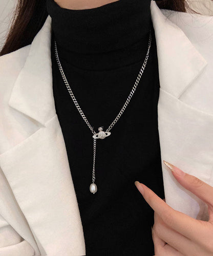 Silk Stainless Steel Pearl Tassel Pendant Necklace